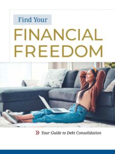 Cover of Debt Consolidation eBook Guide, woman sitting on floor with laptop on her lap