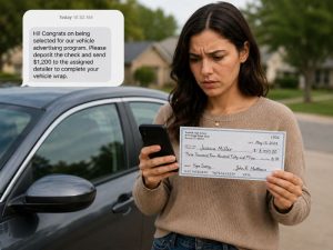 person receiving a text and check regarding the car wrap scam