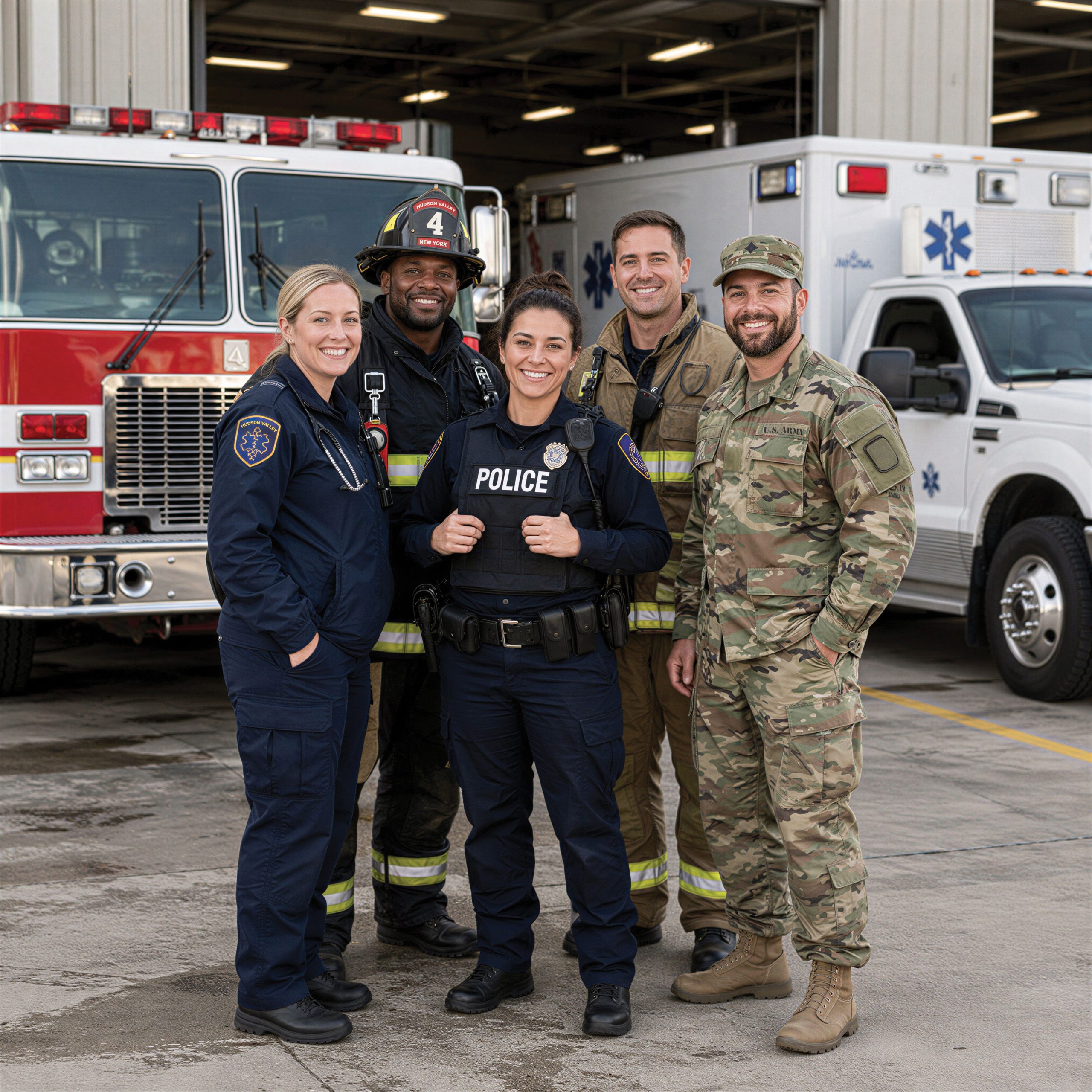 Smiling paramedic, firefighters, police officer and soldier standing together in front of a fire truck and ambulance