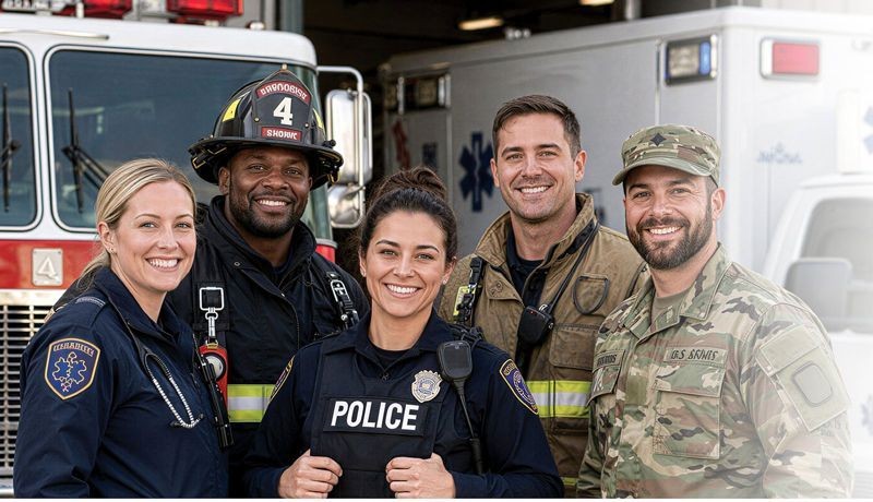 A police officer, firefighter, EMT, paramedic and soldier smiling together in front of a fire truck
